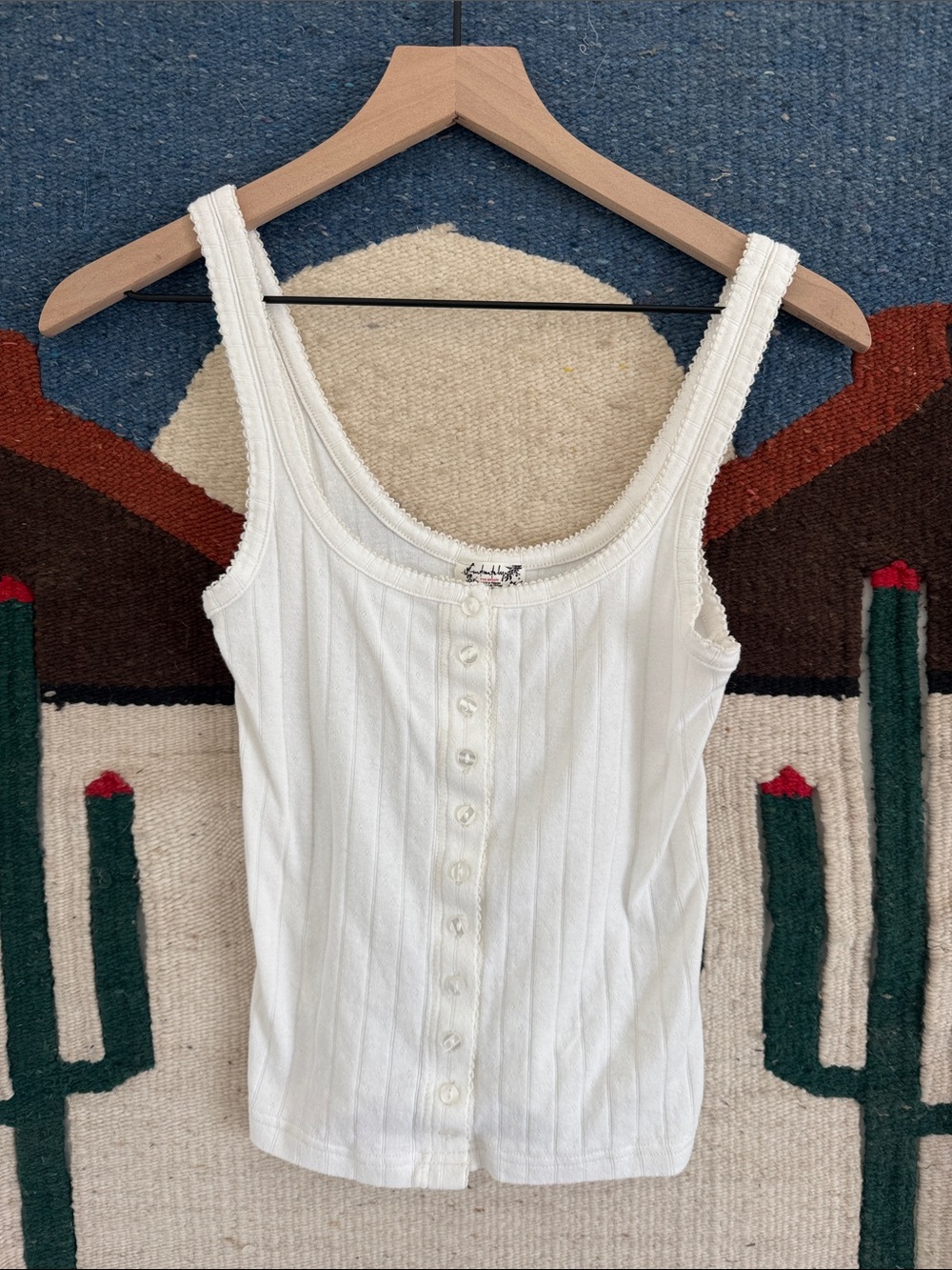 Free People White Ribbed Button Tank